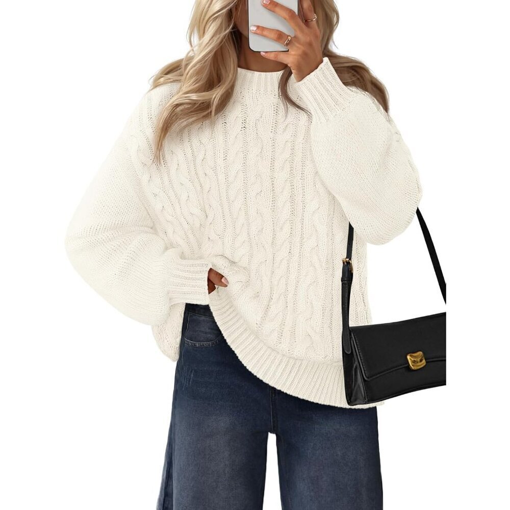 Women's Cable Knit Sweater Acrylic Size Small Long Lantern Sleeve Casual